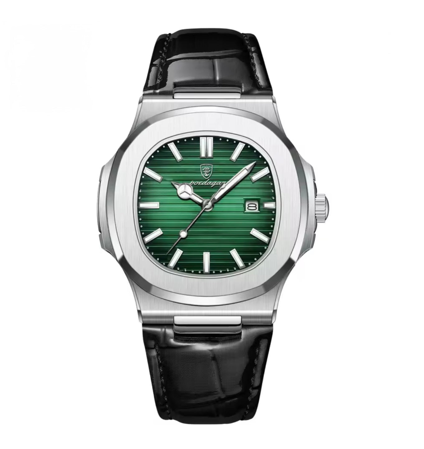 Montre Emerald de luxe avec boîtier en acier poli, cadran vert émeraude aux finitions raffinées, index appliqués et bracelet en cuir noir, alliance d'élégance et de sophistication.