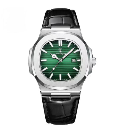 Montre Emerald de luxe avec boîtier en acier poli, cadran vert émeraude aux finitions raffinées, index appliqués et bracelet en cuir noir, alliance d'élégance et de sophistication.
